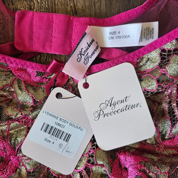 NWT!! Agent Provocateur Lysianne Mesh Lace Bodysuit, US8 (M), Fuchsia & Gold - Picture 9 of 12